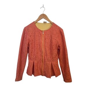 Forever 21 Coral Orange  Lace Peplum Blazer Zip Up Gold Accent Size Medium